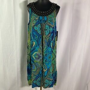 NWT Elementz Blue & Green Paisley Print Studded Sleeveless Shift Dress
